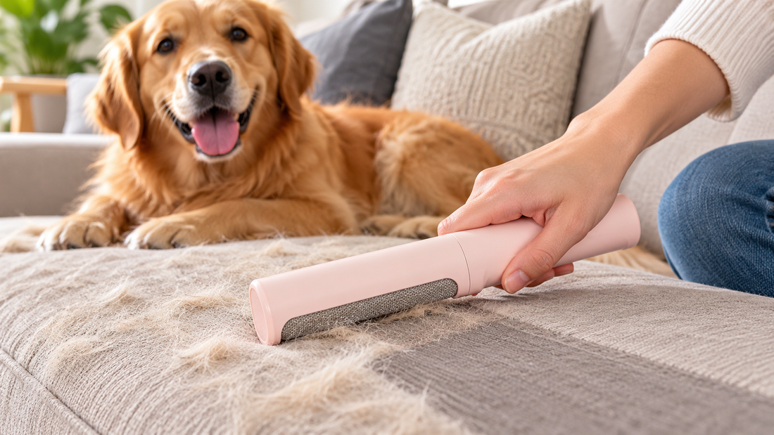 Illustrative lifestyle photo: straight pink pet hair remover collecting fur from a beige couch beside a golden retriever