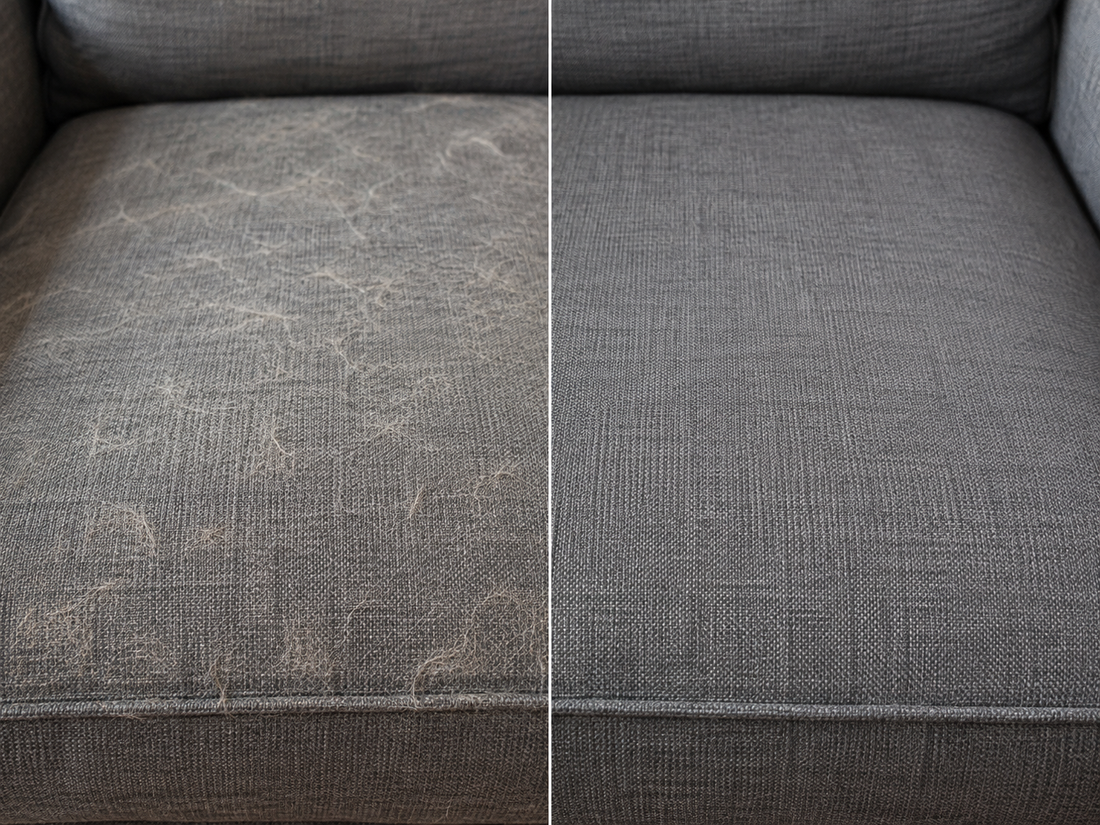 Couch cushion before and after removing pet hair with a reusable pet hair remover roller