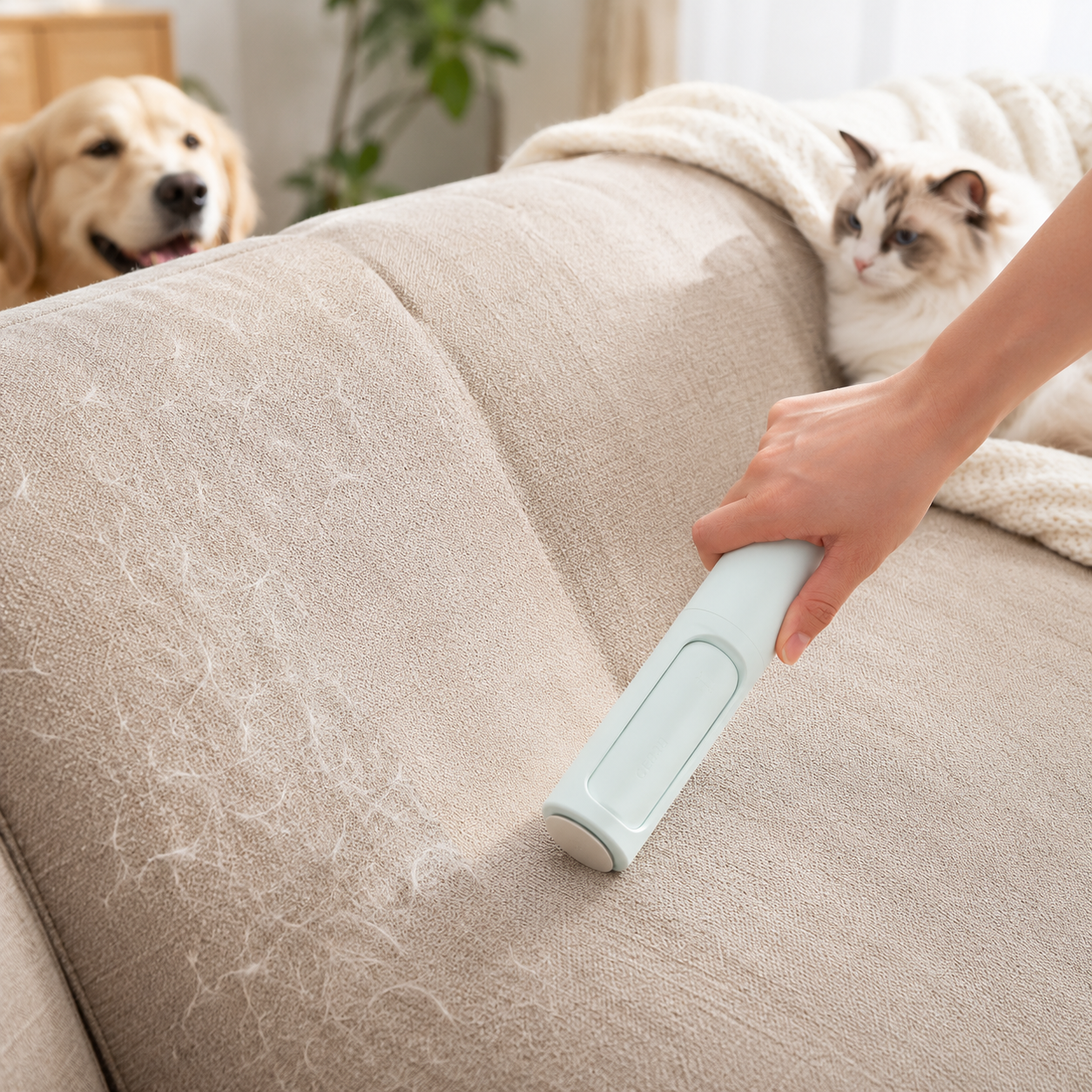 FurGone reusable pet hair remover roller in use on sofa with dog and cat